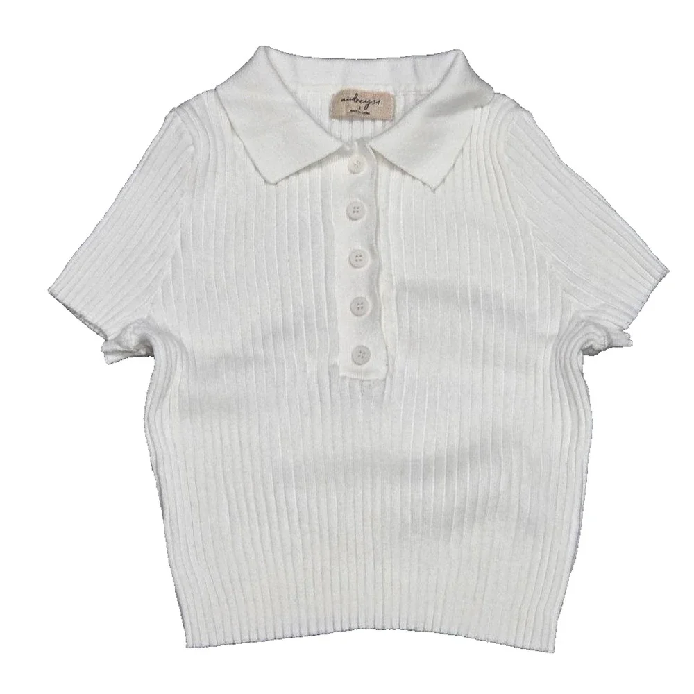 Anthropologie Audrey 3+1 short sleeve Y2K collar Polo Shirt White Small A004559